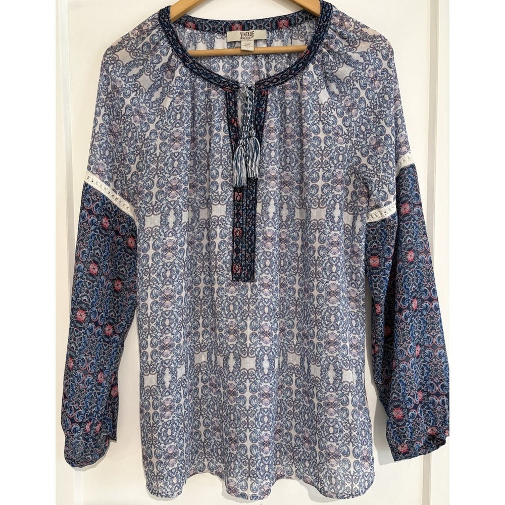 Vintage America Blues Rochelle Boho Peasant Blouse Blue Paisley Lace Large L